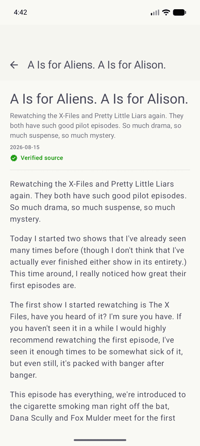 A verified article open in Inkwell on Android