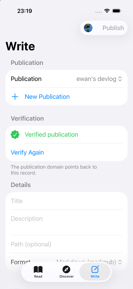 Inkwell writer on iOS showing the compose screen
